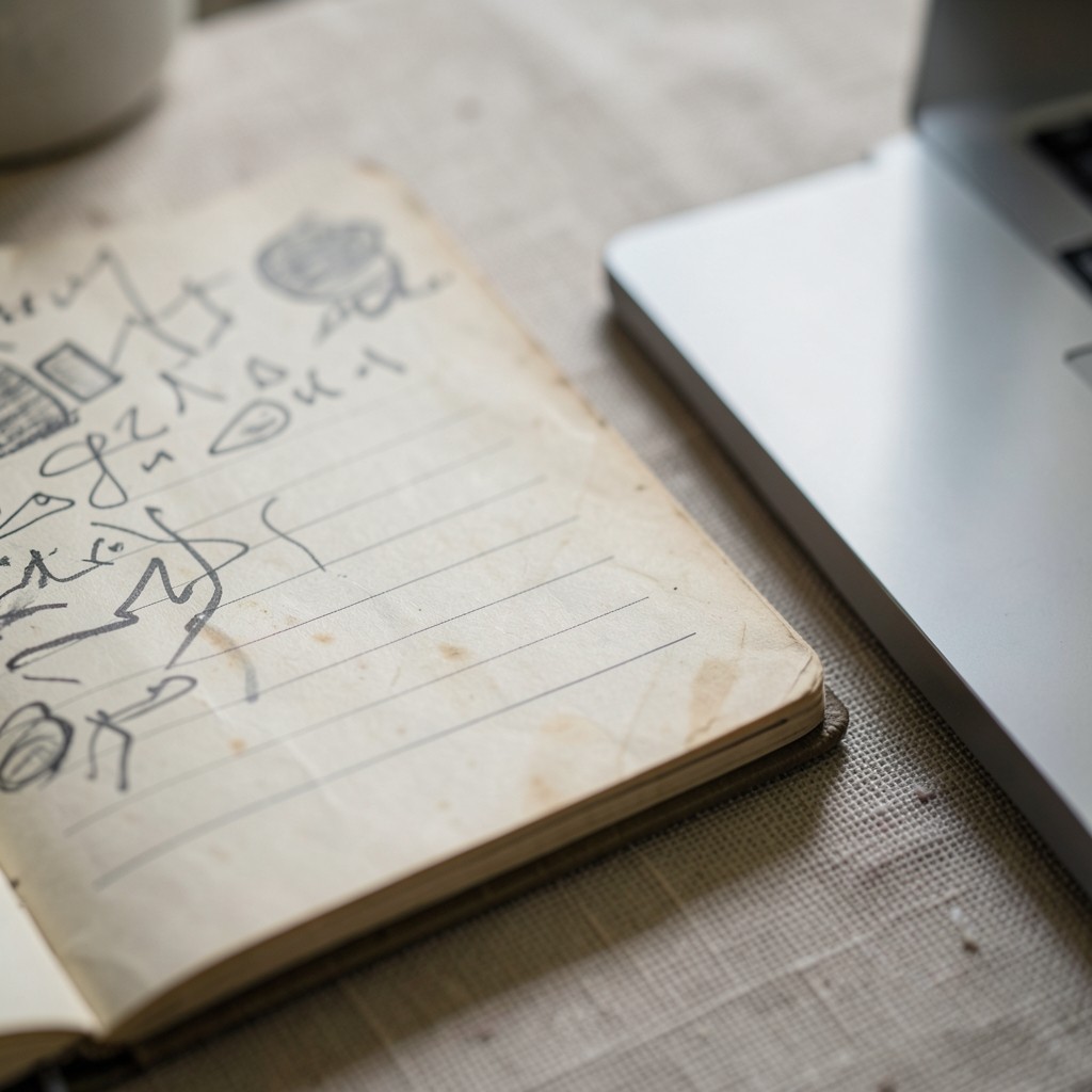 Notizbuch mit Kampagnennotizen neben einem Laptop