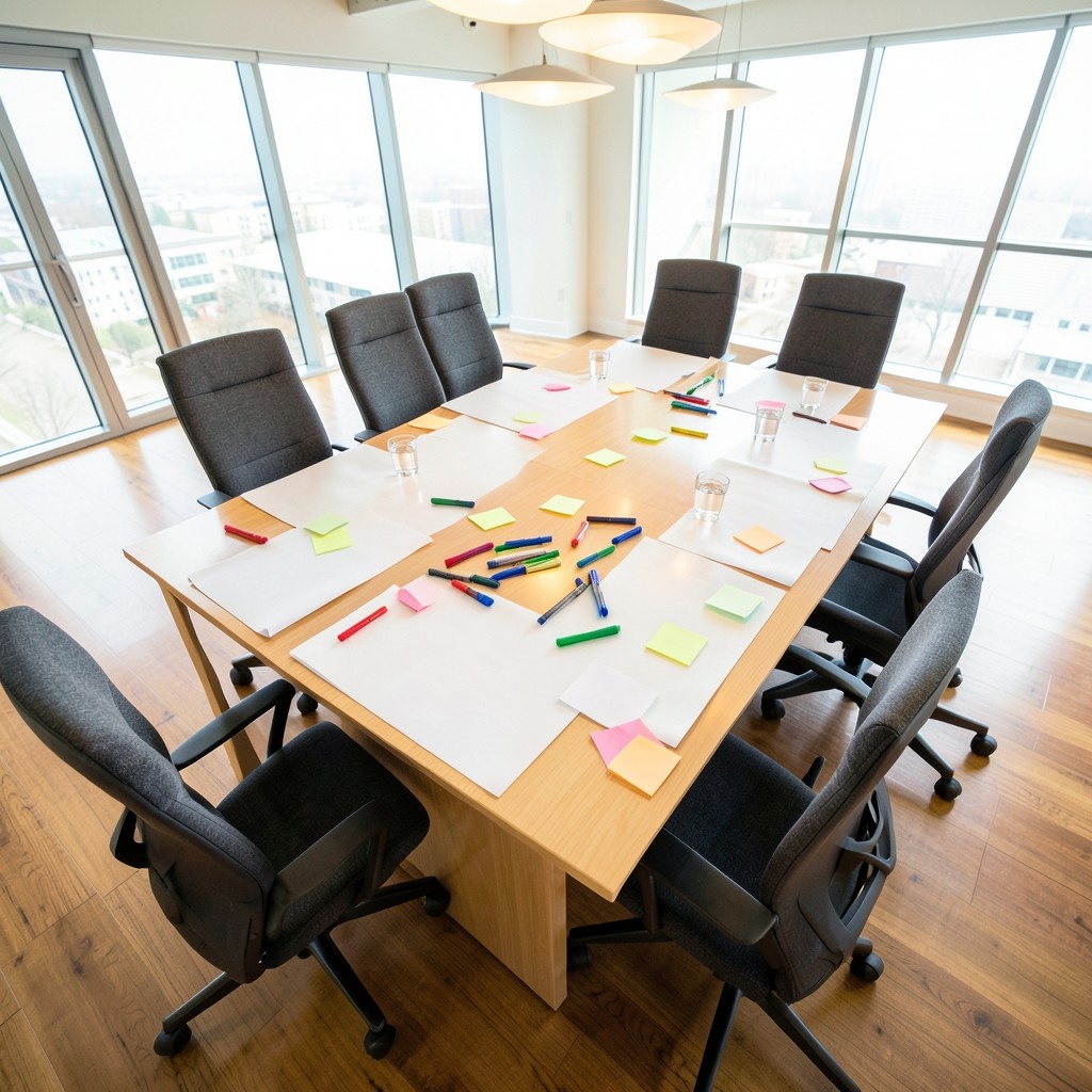 Workshop-Tisch mit Kampagnenplanung und Notizen