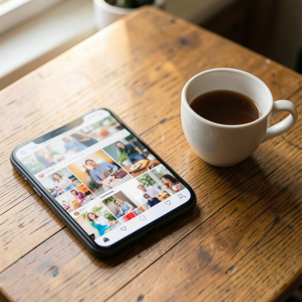 Smartphone mit Social-Media-Feed auf einem Café-Tisch